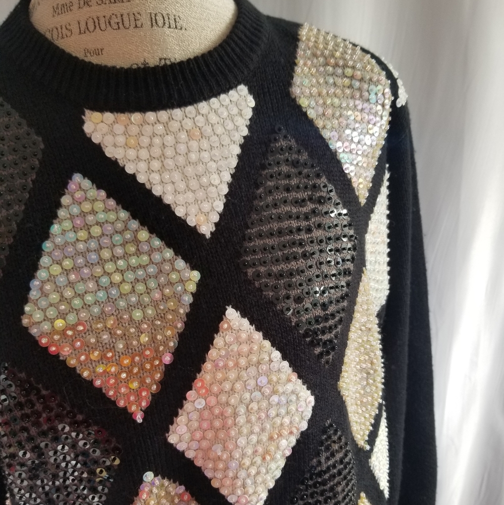 Vintage Sequin Diamond Pattern Sweater